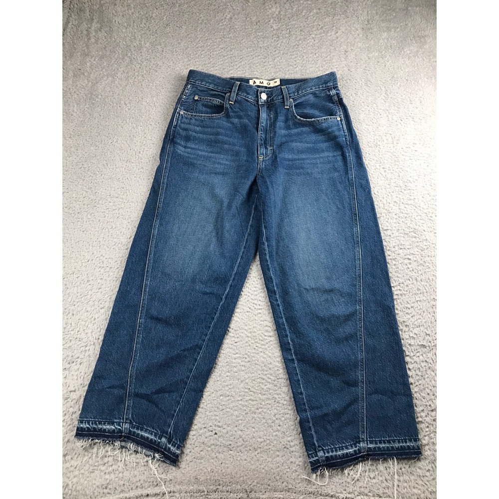 AMO Maria Jeans Womens 29 (33x26) Loose Fit Horseshoe Curved Seam Fray Hem Crop